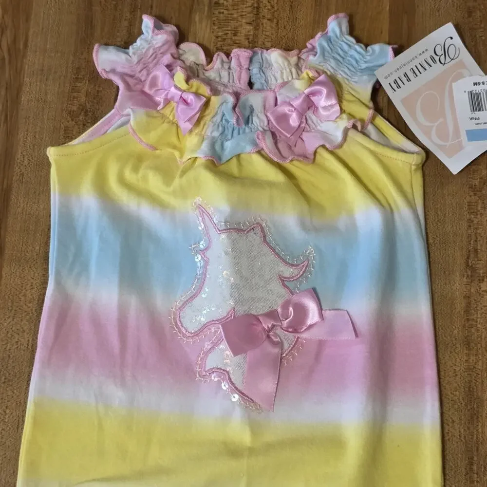 Bonnie Baby Girls 6-9M Pastel Tie Dye Unicorn Romper Ruffle Tulle NWT